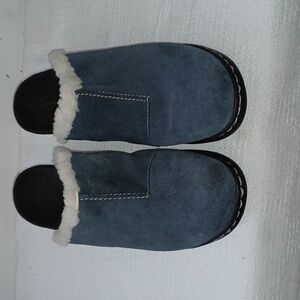 Clarks Blue Suede Mules with White Trim